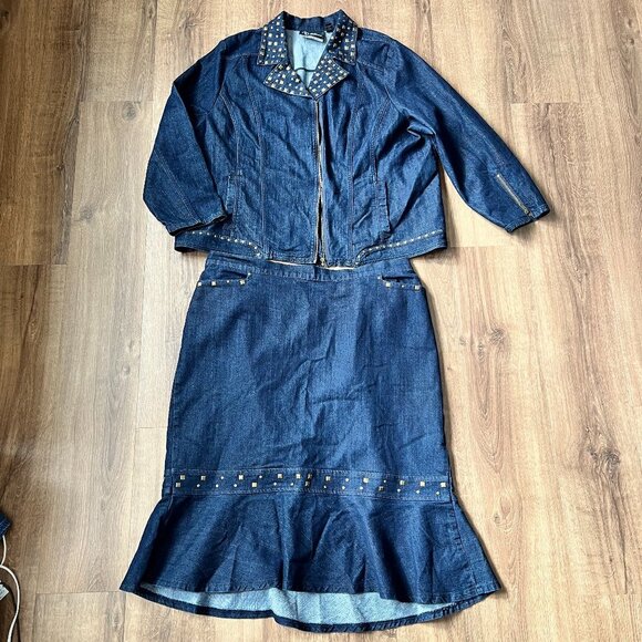 Catherine's Denim Studded Jacket Tulip Skirt Suit Sz 2X - Picture 1 of 15